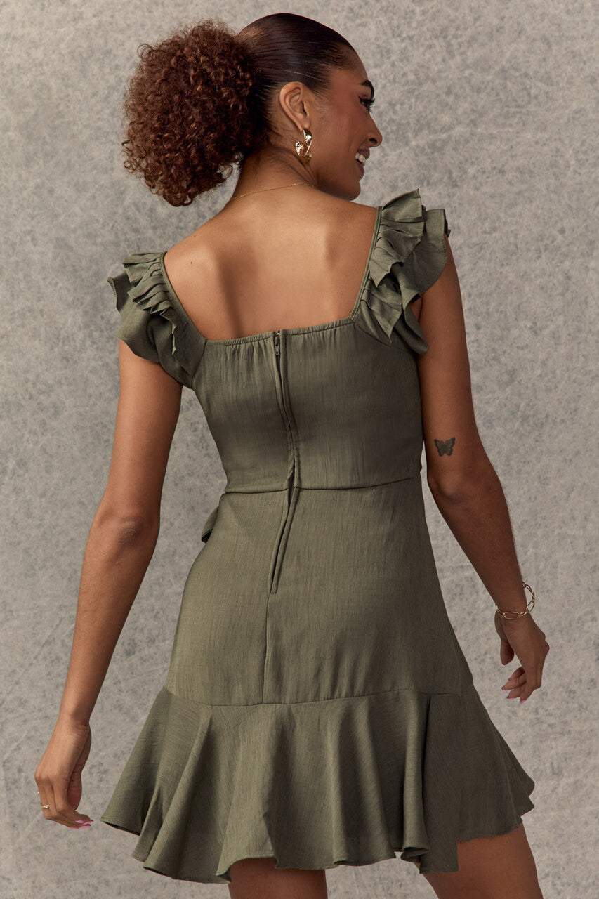 Francesca's Faye Tie Waist Ruffle Hem Mini Dress Olive Green